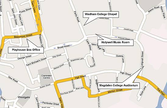 Map of central Oxford shoiwng concert hall locations (courtesy Google)