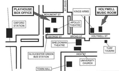 Map of central Oxford showing location of the historic Holywell  Music Room
